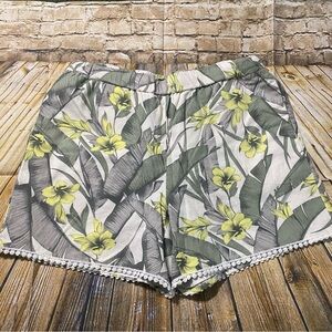 Banana Republic Floral Leaf Print Lace Trim Linen Blend Pull On Shorts